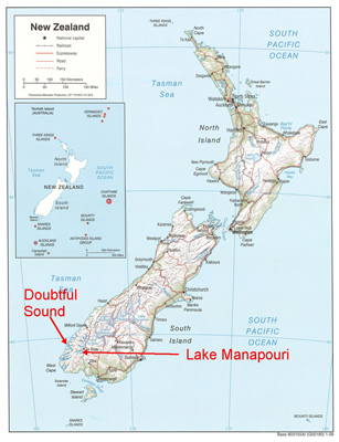 Map of New Zealand pointing to Doubtful Sound